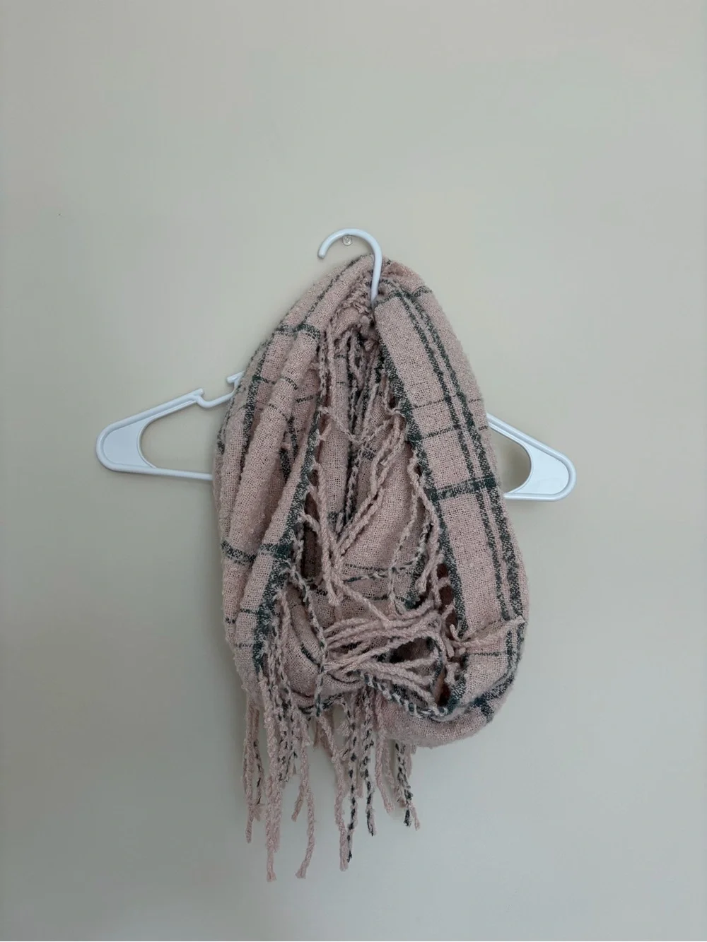 Cozy Blush Pink Plaid Fringe Infinity Scarf